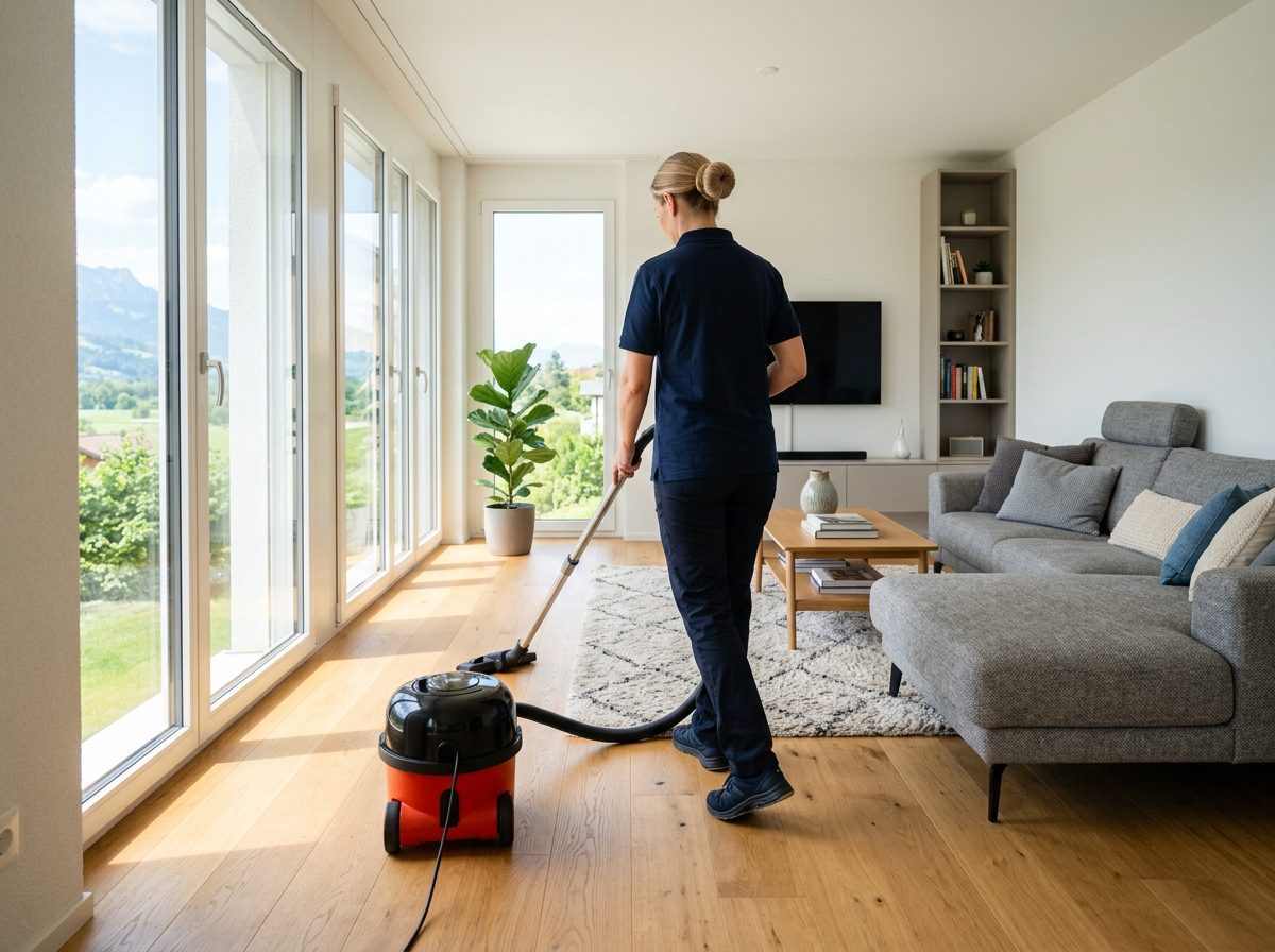 Wohnungsreinigung: Fachkraft saugt das Wohnzimmer